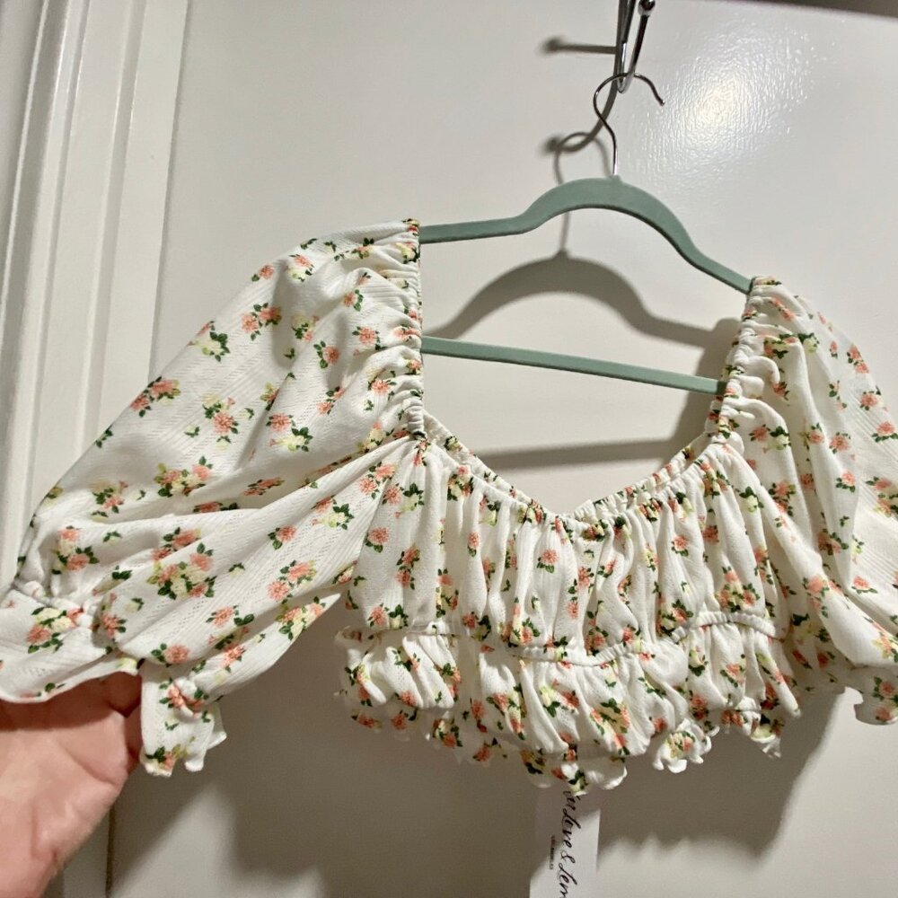 For Love & Lemons Boho Coquette Ditsy Floral Coastal Cottage Crop Smocked Top S